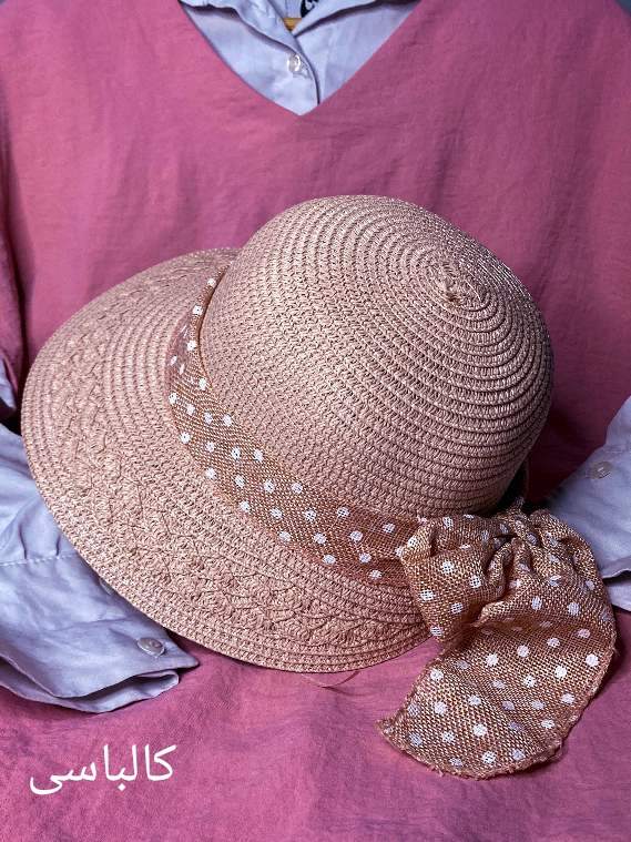 کلاه دخترانه ساحلی حصیری بچگانه مدل پاپیون خالدار