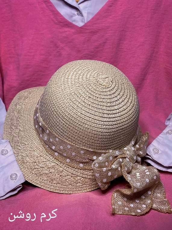 کلاه دخترانه ساحلی حصیری بچگانه مدل پاپیون خالدار